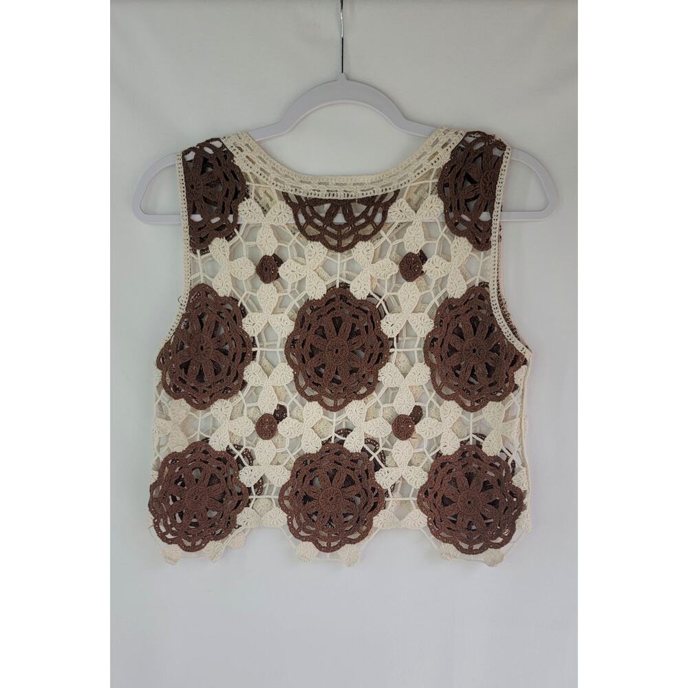 Boho Hippie REBELLION AGAIN Brown & Ivory Crochet Crop Top Size Small Festival - Picture 3 of 5